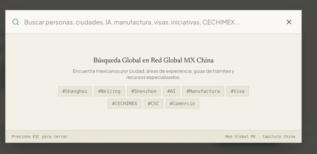 Ventana de búsqueda global de Red Global MX China con ejemplos de temas para buscar