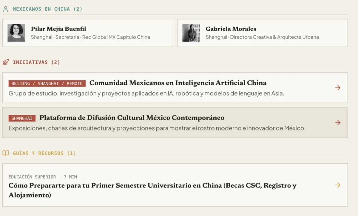 Resultados del buscador con perfiles, iniciativas y una guía relacionada