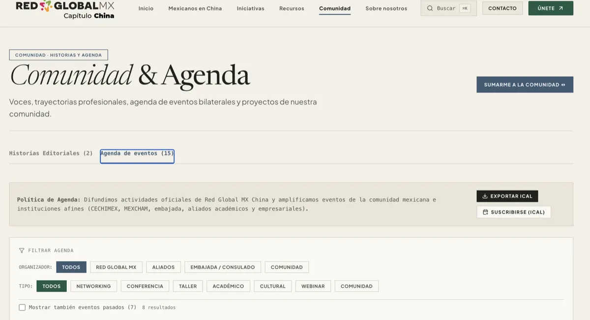 Sección Comunidad de la página con agenda, filtros y próximos eventos